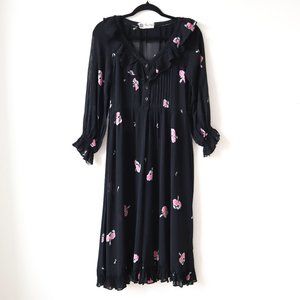 Vintage 70s Albert Nipon Black Floral Sheer Midi Dress, Size Small
